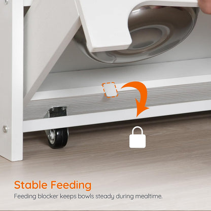 Dog Feeding Station with Storage and Hooks, Dog Food Storage Cabinet with Feeding Bowls, Pet Feeding Station with Sliding Drawer and 2 Hidden Bowls for Dog & Cat, White WT12PO03G1