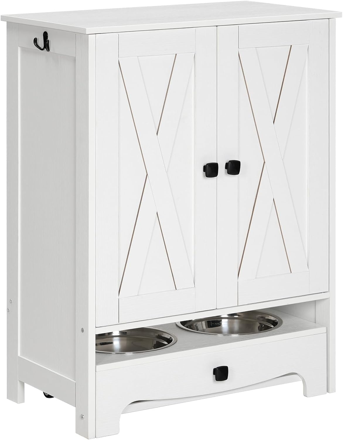 Dog Feeding Station with Storage and Hooks, Dog Food Storage Cabinet with Feeding Bowls, Pet Feeding Station with Sliding Drawer and 2 Hidden Bowls for Dog & Cat, White WT12PO03G1