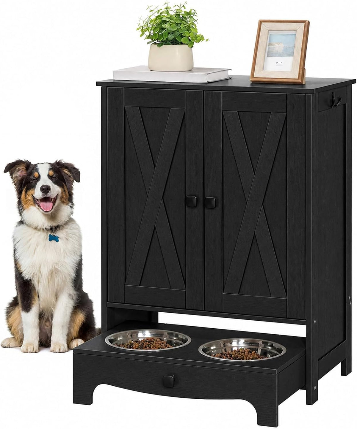 Dog Feeding Station with Storage and Hooks, Dog Food Storage Cabinet with Feeding Bowls, Pet Feeding Station with Sliding Drawer and 2 Hidden Bowls for Dog & Cat, White WT12PO03G1