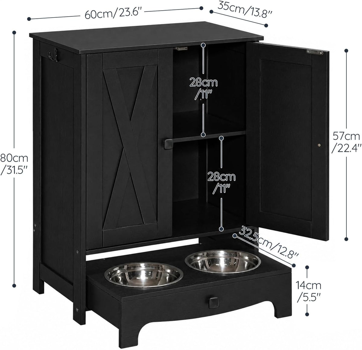 Dog Feeding Station with Storage and Hooks, Dog Food Storage Cabinet with Feeding Bowls, Pet Feeding Station with Sliding Drawer and 2 Hidden Bowls for Dog & Cat, White WT12PO03G1