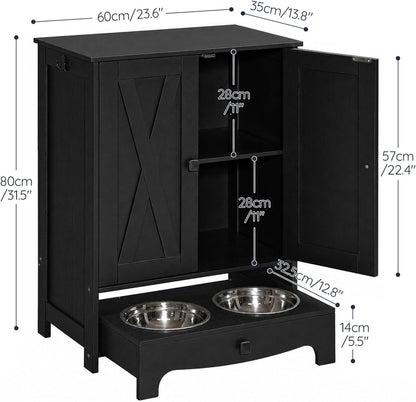 Dog Feeding Station with Storage and Hooks, Dog Food Storage Cabinet with Feeding Bowls, Pet Feeding Station with Sliding Drawer and 2 Hidden Bowls for Dog & Cat, White WT12PO03G1
