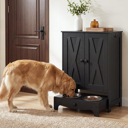 Dog Feeding Station with Storage and Hooks, Dog Food Storage Cabinet with Feeding Bowls, Pet Feeding Station with Sliding Drawer and 2 Hidden Bowls for Dog & Cat, White WT12PO03G1