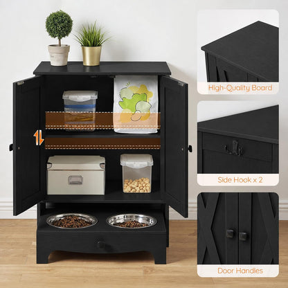 Dog Feeding Station with Storage and Hooks, Dog Food Storage Cabinet with Feeding Bowls, Pet Feeding Station with Sliding Drawer and 2 Hidden Bowls for Dog & Cat, White WT12PO03G1