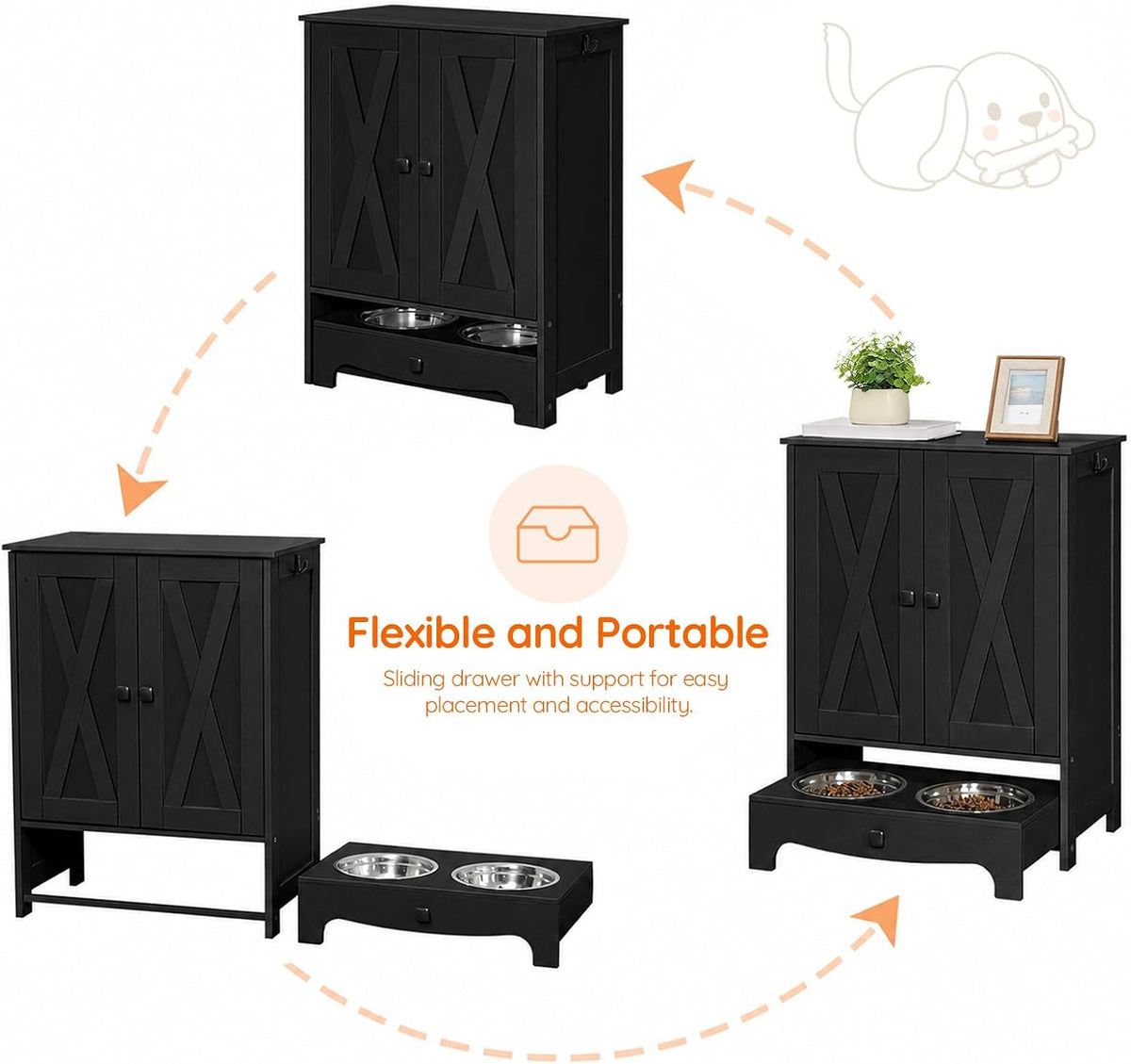 Dog Feeding Station with Storage and Hooks, Dog Food Storage Cabinet with Feeding Bowls, Pet Feeding Station with Sliding Drawer and 2 Hidden Bowls for Dog & Cat, White WT12PO03G1