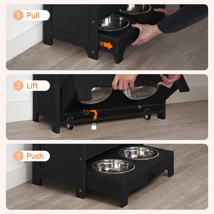Dog Feeding Station with Storage and Hooks, Dog Food Storage Cabinet with Feeding Bowls, Pet Feeding Station with Sliding Drawer and 2 Hidden Bowls for Dog & Cat, White WT12PO03G1