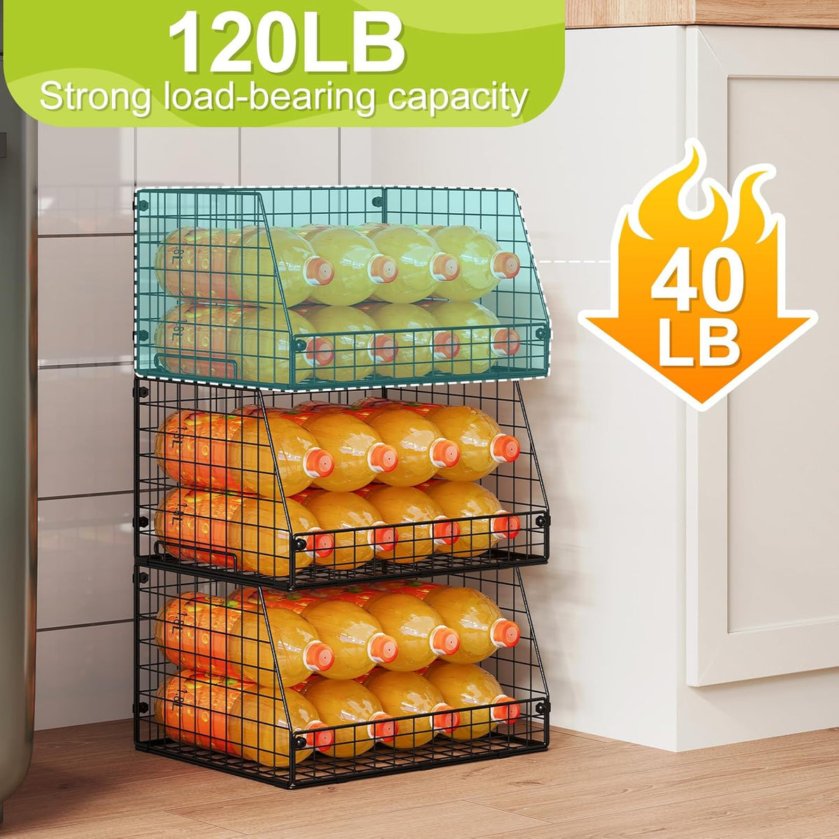 XXL Stackable Wire Storage Basket, Extra Large Capacity Pantry Organizer and Storage, Muti-Purpose for Vegetable Fruit Basket & Can Organizer & Snack Rack & Metal Pantry Bin