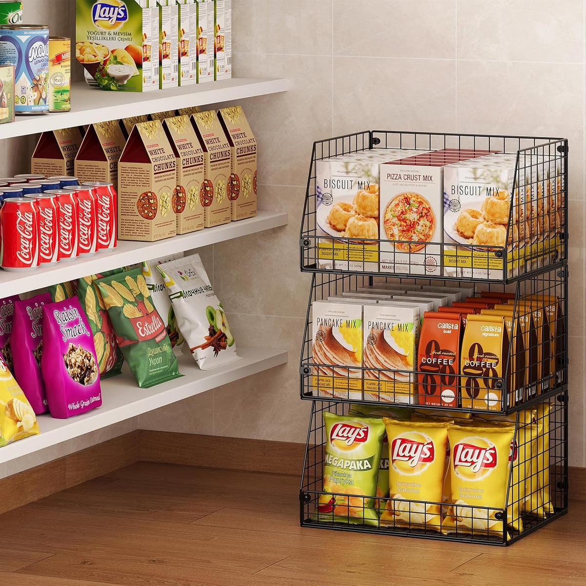 XXL Stackable Wire Storage Basket, Extra Large Capacity Pantry Organizer and Storage, Muti-Purpose for Vegetable Fruit Basket & Can Organizer & Snack Rack & Metal Pantry Bin