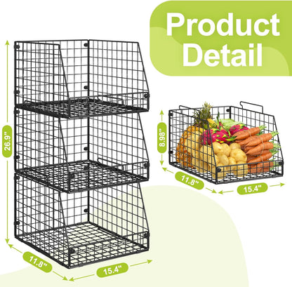XXL Stackable Wire Storage Basket, Extra Large Capacity Pantry Organizer and Storage, Muti-Purpose for Vegetable Fruit Basket & Can Organizer & Snack Rack & Metal Pantry Bin