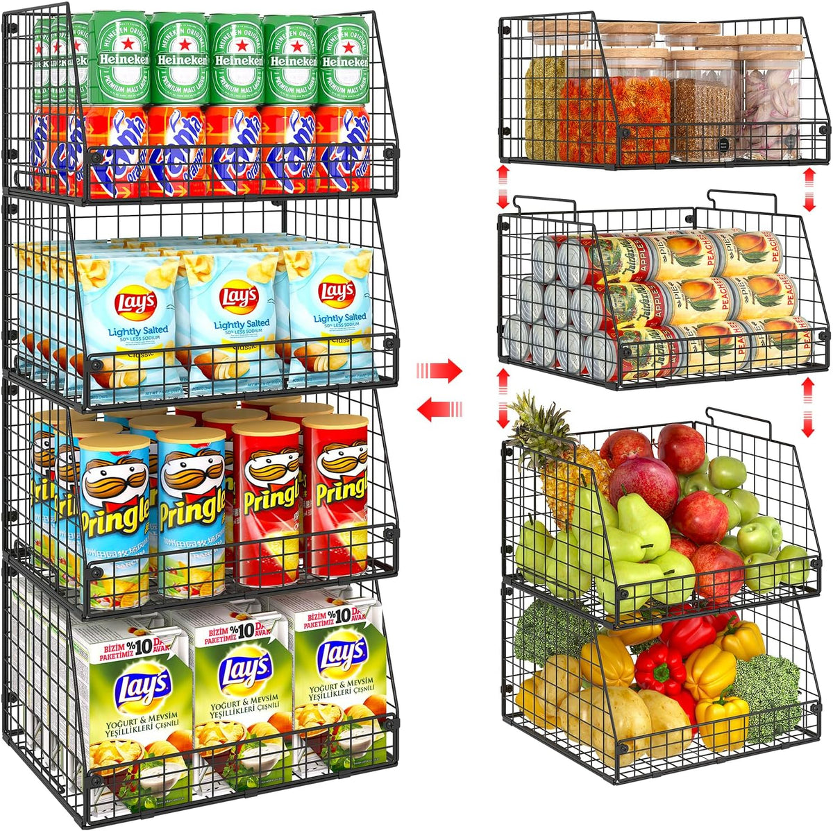 XXL Stackable Wire Storage Basket, Extra Large Capacity Pantry Organizer and Storage, Muti-Purpose for Vegetable Fruit Basket & Can Organizer & Snack Rack & Metal Pantry Bin