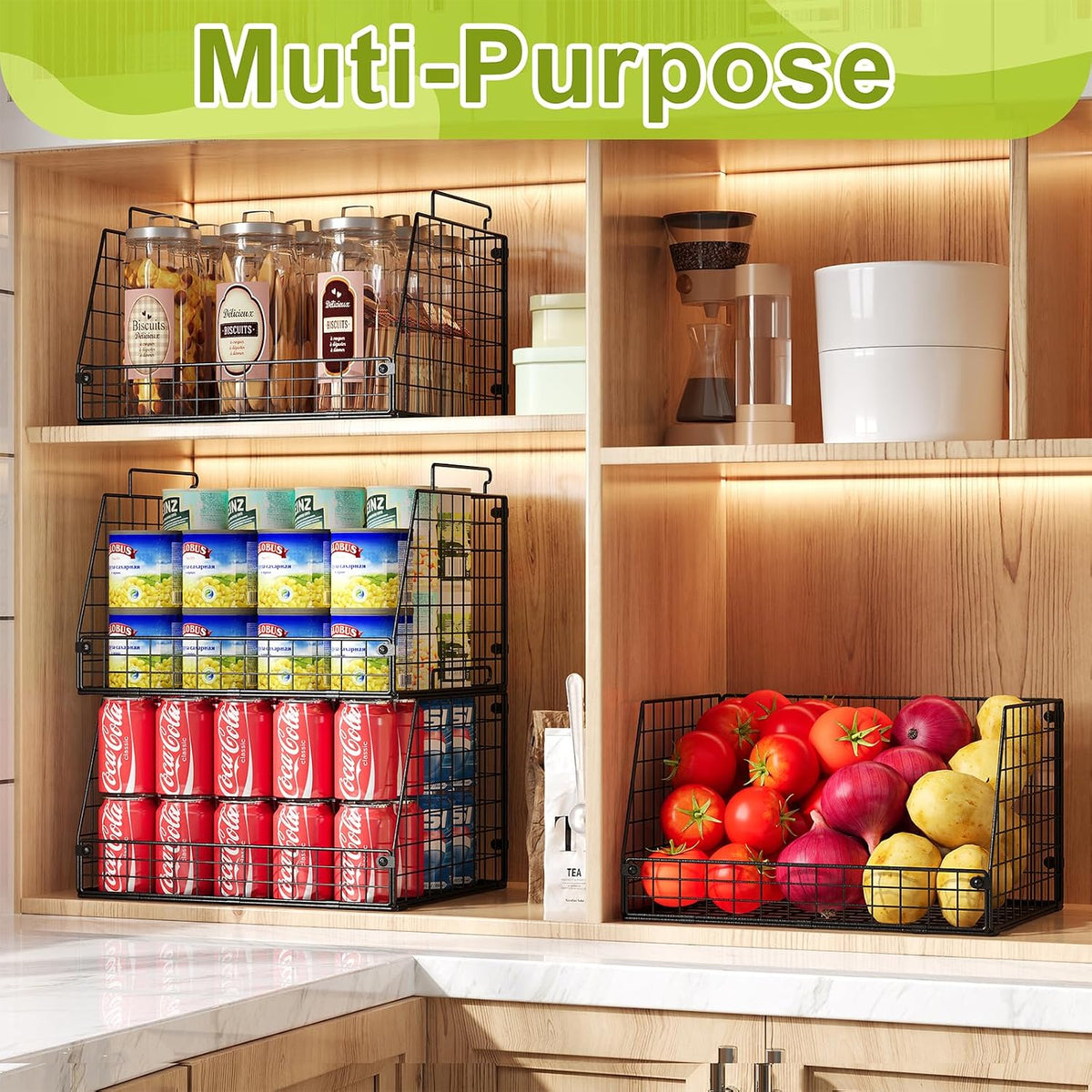 XXL Stackable Wire Storage Basket, Extra Large Capacity Pantry Organizer and Storage, Muti-Purpose for Vegetable Fruit Basket & Can Organizer & Snack Rack & Metal Pantry Bin