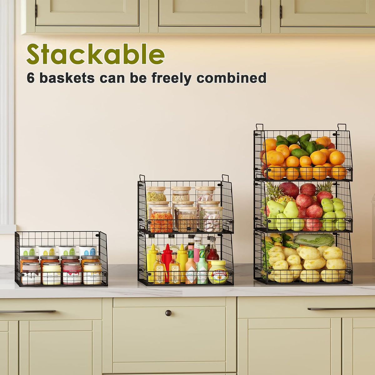 XXL Stackable Wire Storage Basket, Extra Large Capacity Pantry Organizer and Storage, Muti-Purpose for Vegetable Fruit Basket & Can Organizer & Snack Rack & Metal Pantry Bin