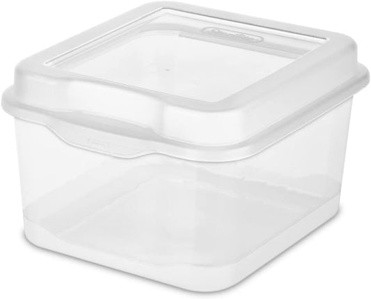 FlipTop, Stackable Small Storage Bin with Hinging Lid, Plastic Container to Organize Desk at Home, Classroom, Office, Clear, 1-Pack
