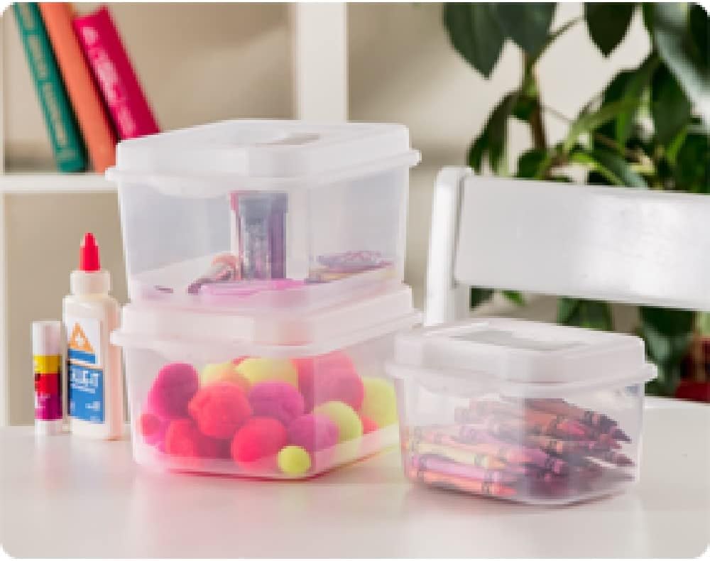 FlipTop, Stackable Small Storage Bin with Hinging Lid, Plastic Container to Organize Desk at Home, Classroom, Office, Clear, 1-Pack