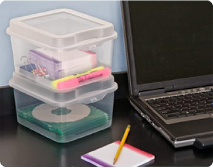 FlipTop, Stackable Small Storage Bin with Hinging Lid, Plastic Container to Organize Desk at Home, Classroom, Office, Clear, 1-Pack