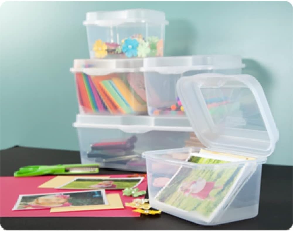 FlipTop, Stackable Small Storage Bin with Hinging Lid, Plastic Container to Organize Desk at Home, Classroom, Office, Clear, 1-Pack