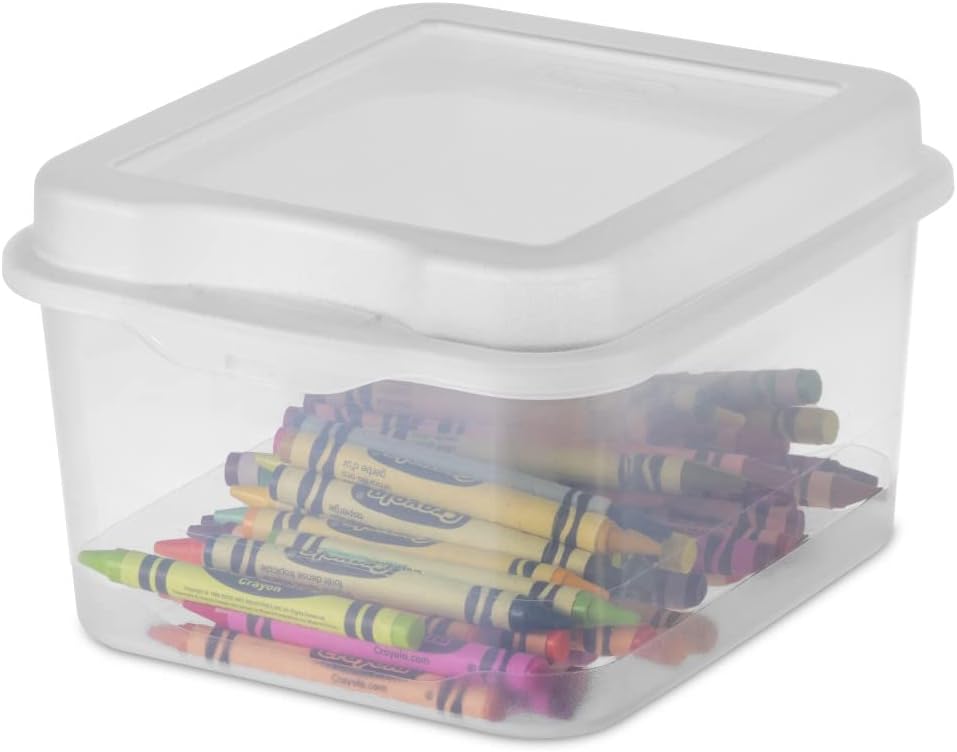 FlipTop, Stackable Small Storage Bin with Hinging Lid, Plastic Container to Organize Desk at Home, Classroom, Office, Clear, 1-Pack