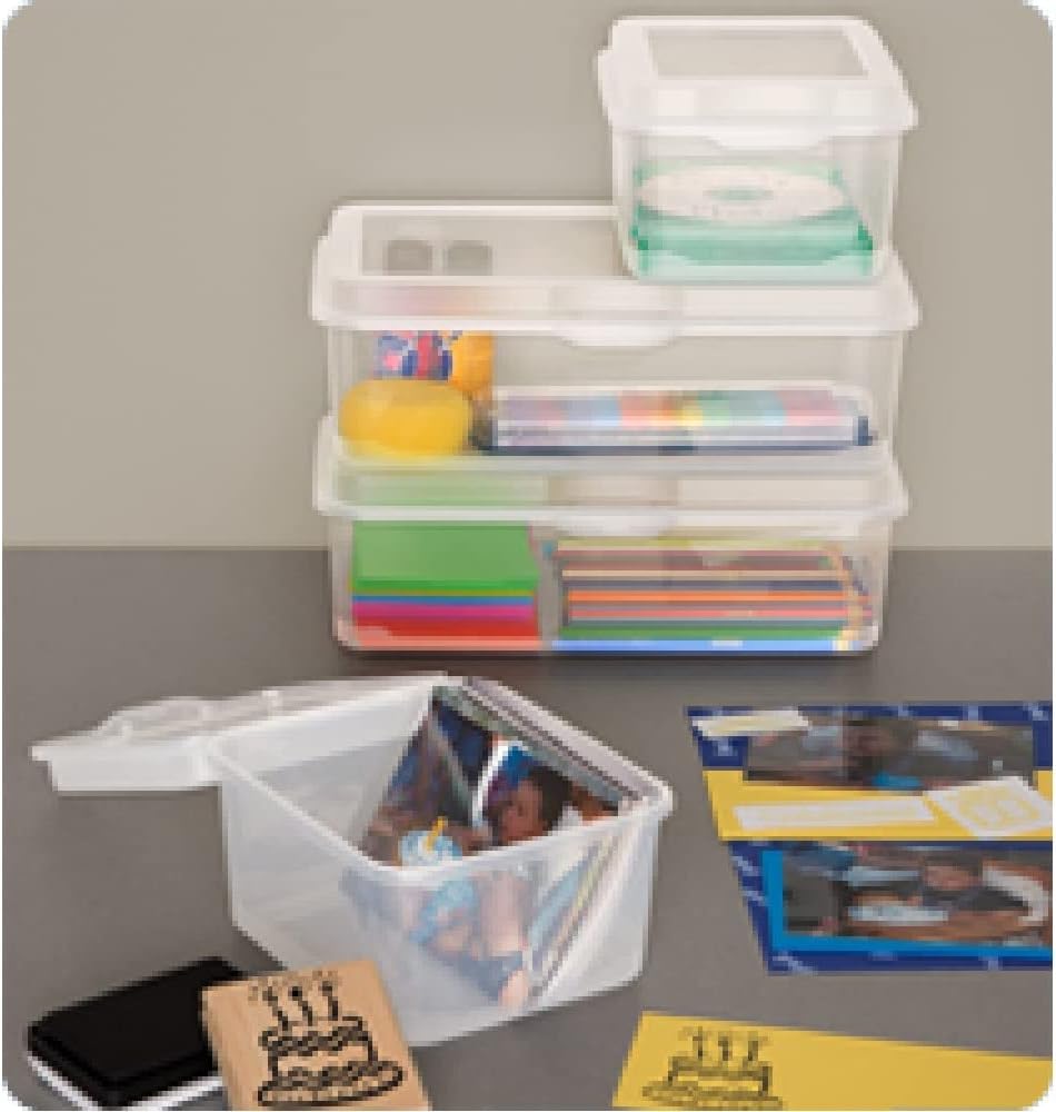 FlipTop, Stackable Small Storage Bin with Hinging Lid, Plastic Container to Organize Desk at Home, Classroom, Office, Clear, 1-Pack