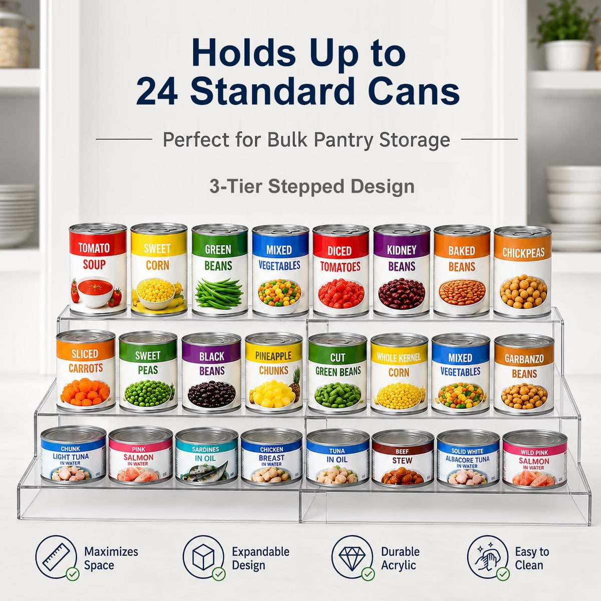 Expandable Can Rack Organizer for Pantry:3-Tier Clear Acrylic Canned Food Storage Holder, Adjustable Pantry Shelf for Kitchen Cabinet & Countertop, Holds Up to 24 Cans