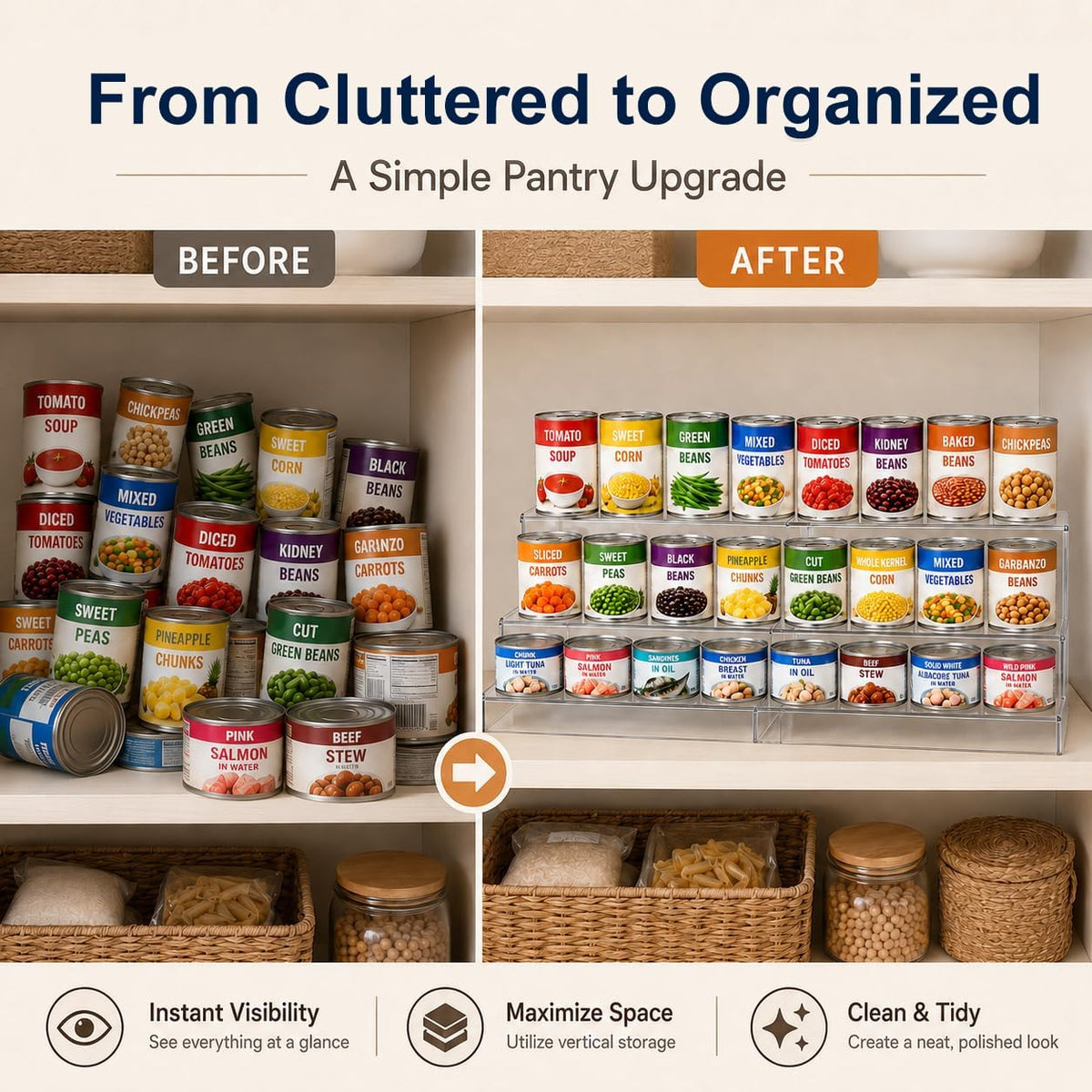 Expandable Can Rack Organizer for Pantry:3-Tier Clear Acrylic Canned Food Storage Holder, Adjustable Pantry Shelf for Kitchen Cabinet & Countertop, Holds Up to 24 Cans