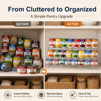 Expandable Can Rack Organizer for Pantry:3-Tier Clear Acrylic Canned Food Storage Holder, Adjustable Pantry Shelf for Kitchen Cabinet & Countertop, Holds Up to 24 Cans