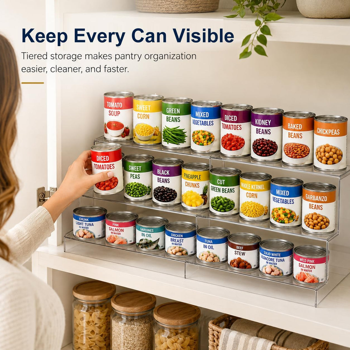 Expandable Can Rack Organizer for Pantry:3-Tier Clear Acrylic Canned Food Storage Holder, Adjustable Pantry Shelf for Kitchen Cabinet & Countertop, Holds Up to 24 Cans