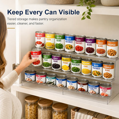 Expandable Can Rack Organizer for Pantry:3-Tier Clear Acrylic Canned Food Storage Holder, Adjustable Pantry Shelf for Kitchen Cabinet & Countertop, Holds Up to 24 Cans