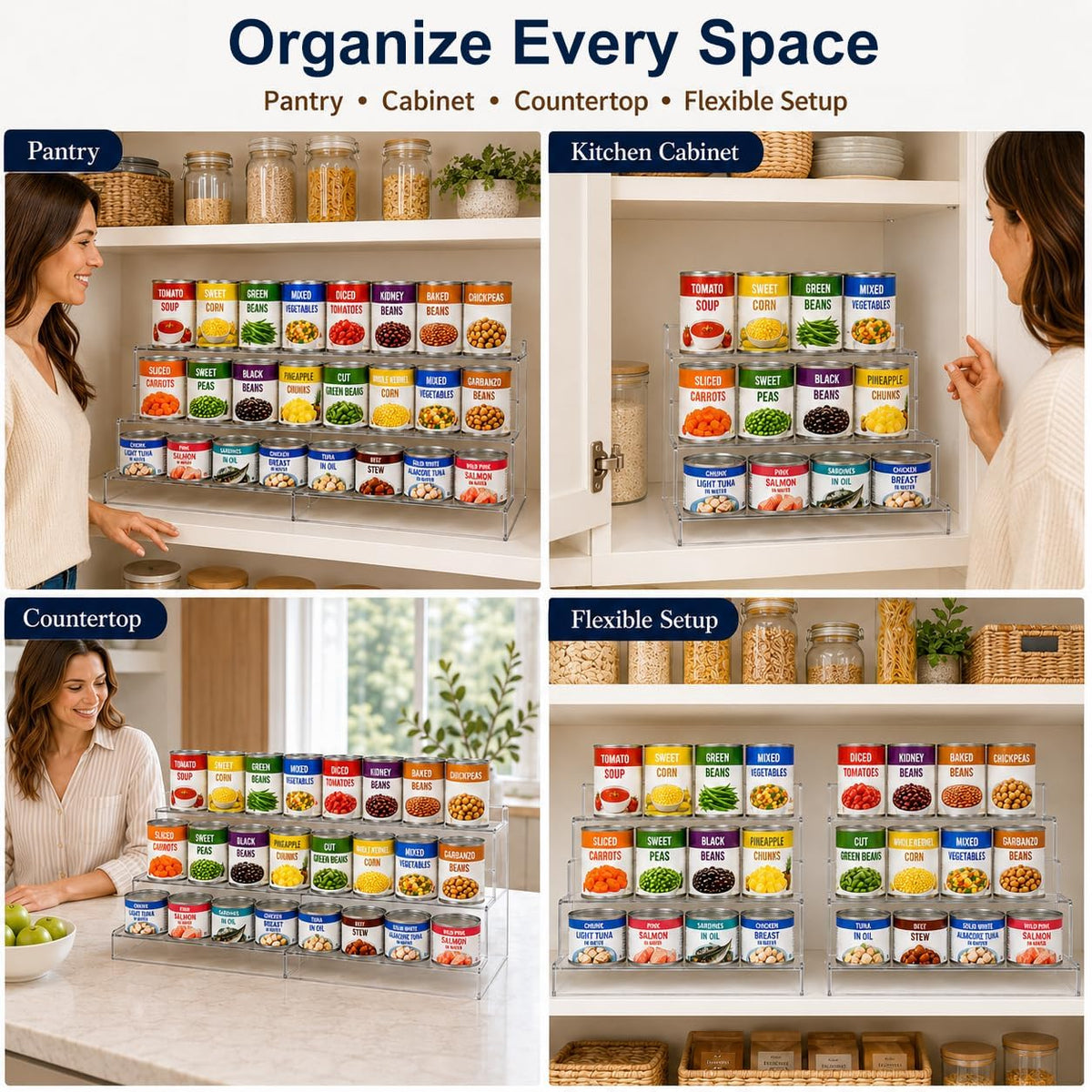 Expandable Can Rack Organizer for Pantry:3-Tier Clear Acrylic Canned Food Storage Holder, Adjustable Pantry Shelf for Kitchen Cabinet & Countertop, Holds Up to 24 Cans
