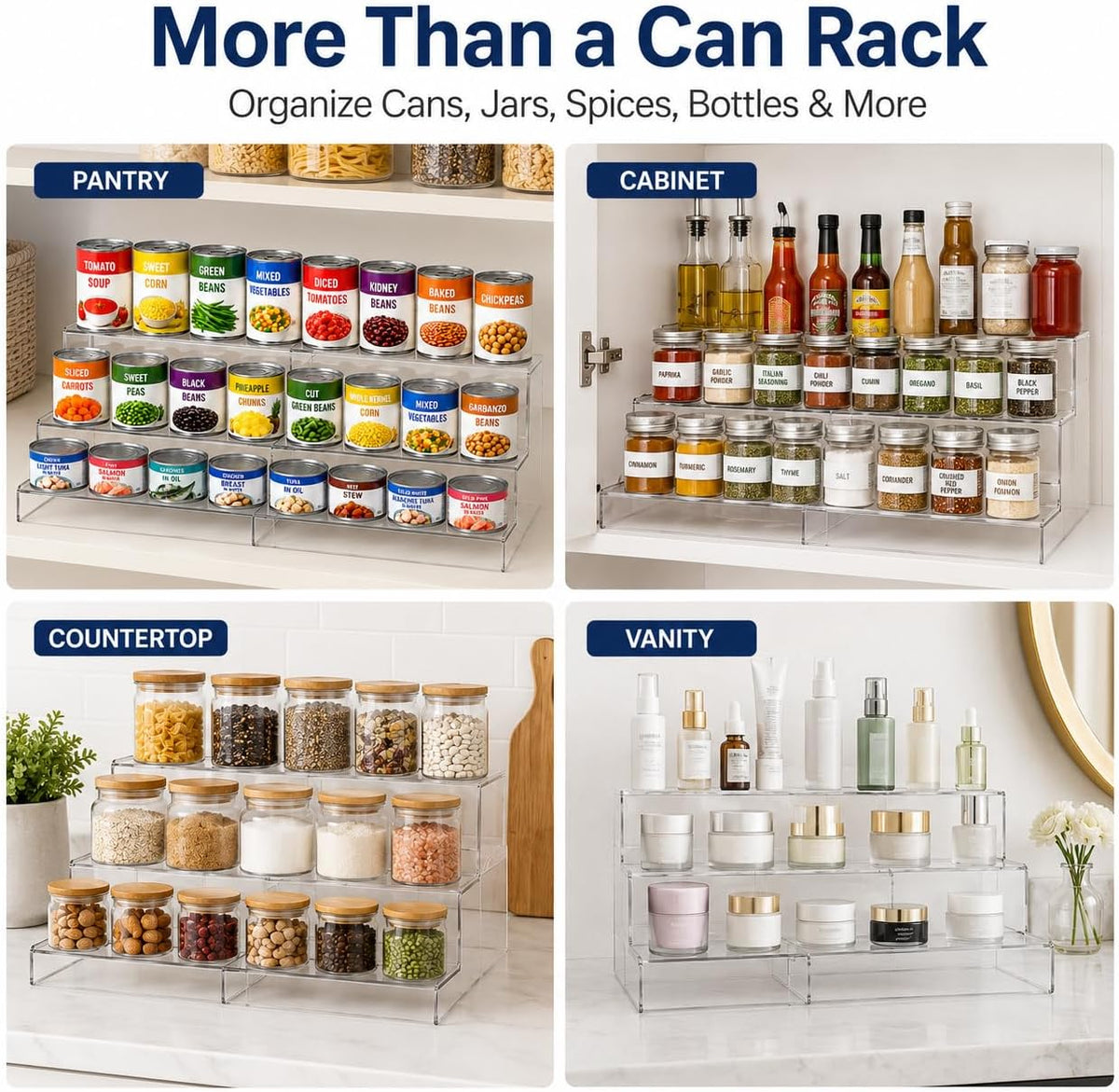 Expandable Can Rack Organizer for Pantry:3-Tier Clear Acrylic Canned Food Storage Holder, Adjustable Pantry Shelf for Kitchen Cabinet & Countertop, Holds Up to 24 Cans