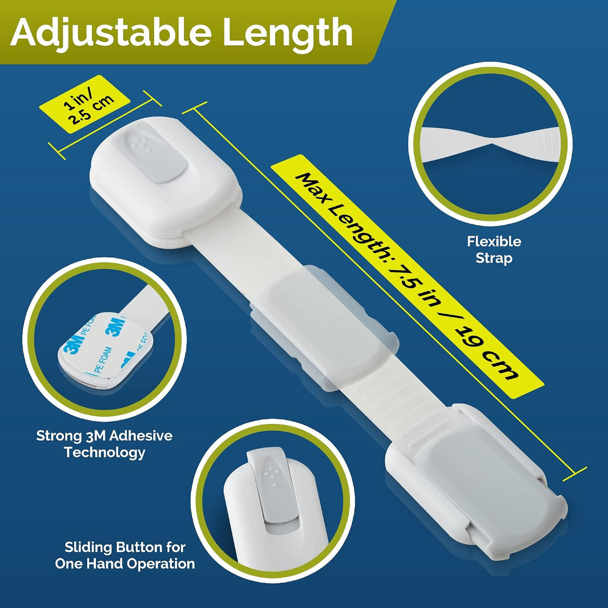 Child Safety Strap Locks Baby Locks for Cabinets and Drawers, Toilet, Fridge & More. 3M Adhesive Pads. Easy Installation, No Drilling Required, White/Gray