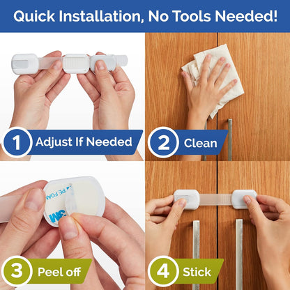 Child Safety Strap Locks Baby Locks for Cabinets and Drawers, Toilet, Fridge & More. 3M Adhesive Pads. Easy Installation, No Drilling Required, White/Gray