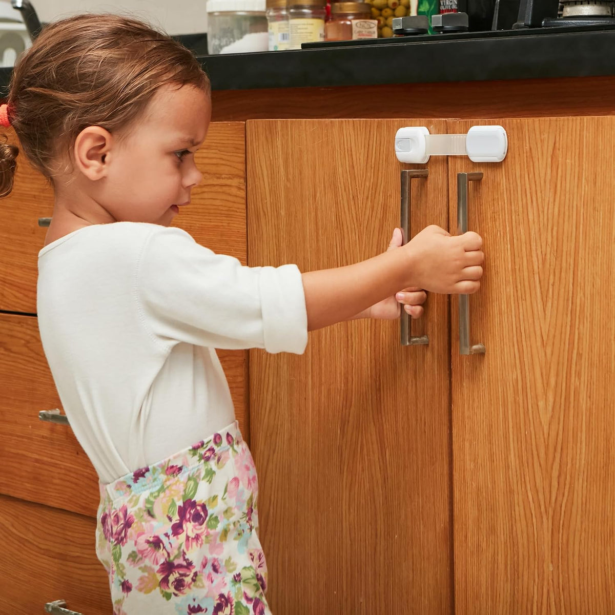 Child Safety Strap Locks Baby Locks for Cabinets and Drawers, Toilet, Fridge & More. 3M Adhesive Pads. Easy Installation, No Drilling Required, White/Gray