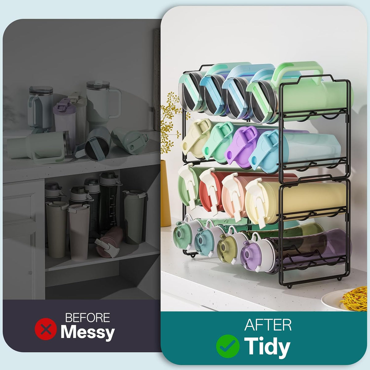 Stackable Metal Water Bottle Organizer for Stanley 40 oz, 4 Tier Tumbler Organizer Storage Rack for Stanley Cup Accessories, 16 Cup Bottle Holder for Kitchen Cabinet, Countertop, Pantry Shelf