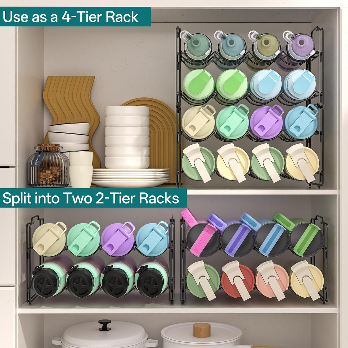 Stackable Metal Water Bottle Organizer for Stanley 40 oz, 4 Tier Tumbler Organizer Storage Rack for Stanley Cup Accessories, 16 Cup Bottle Holder for Kitchen Cabinet, Countertop, Pantry Shelf