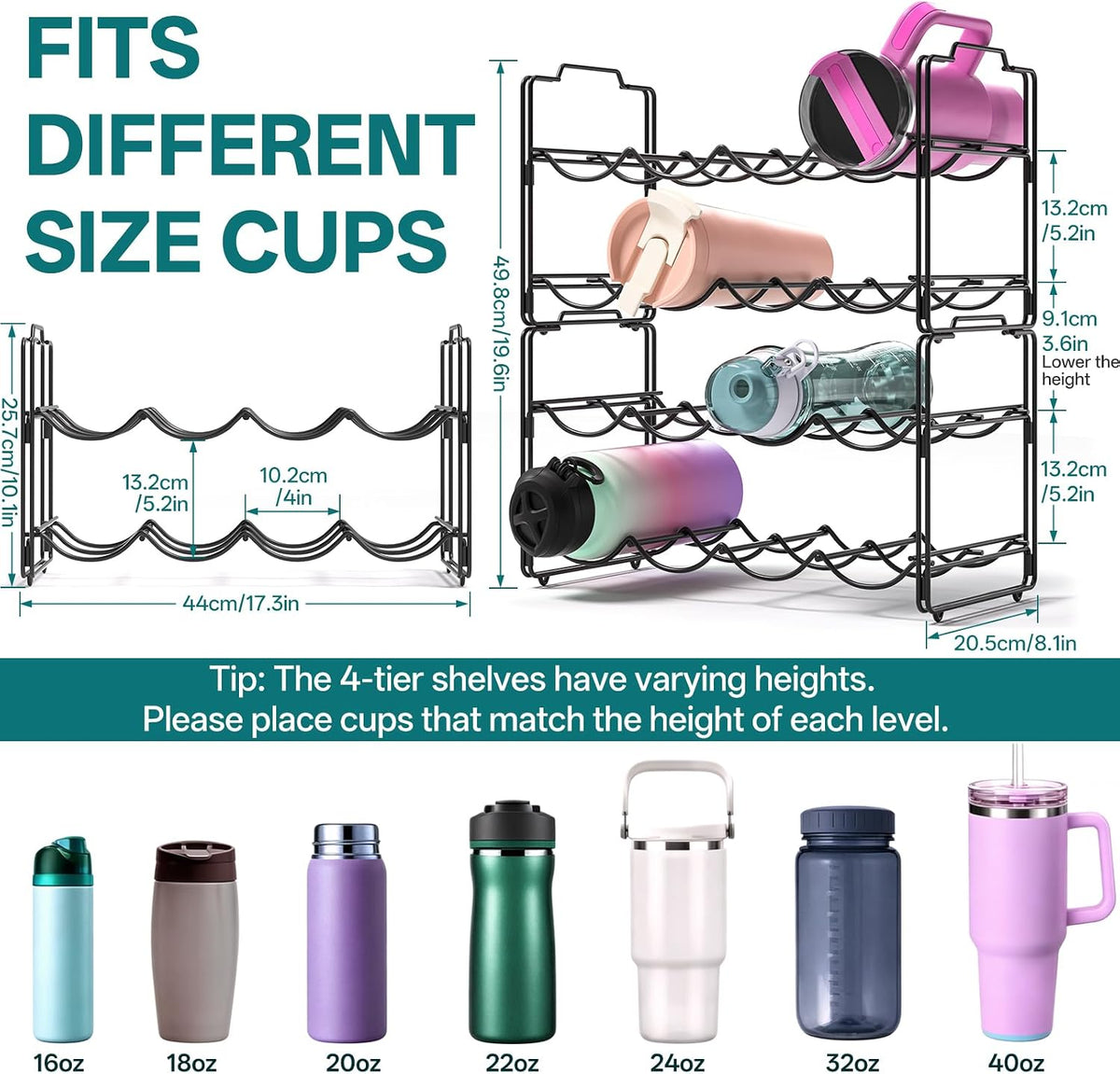 Stackable Metal Water Bottle Organizer for Stanley 40 oz, 4 Tier Tumbler Organizer Storage Rack for Stanley Cup Accessories, 16 Cup Bottle Holder for Kitchen Cabinet, Countertop, Pantry Shelf