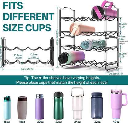 Stackable Metal Water Bottle Organizer for Stanley 40 oz, 4 Tier Tumbler Organizer Storage Rack for Stanley Cup Accessories, 16 Cup Bottle Holder for Kitchen Cabinet, Countertop, Pantry Shelf
