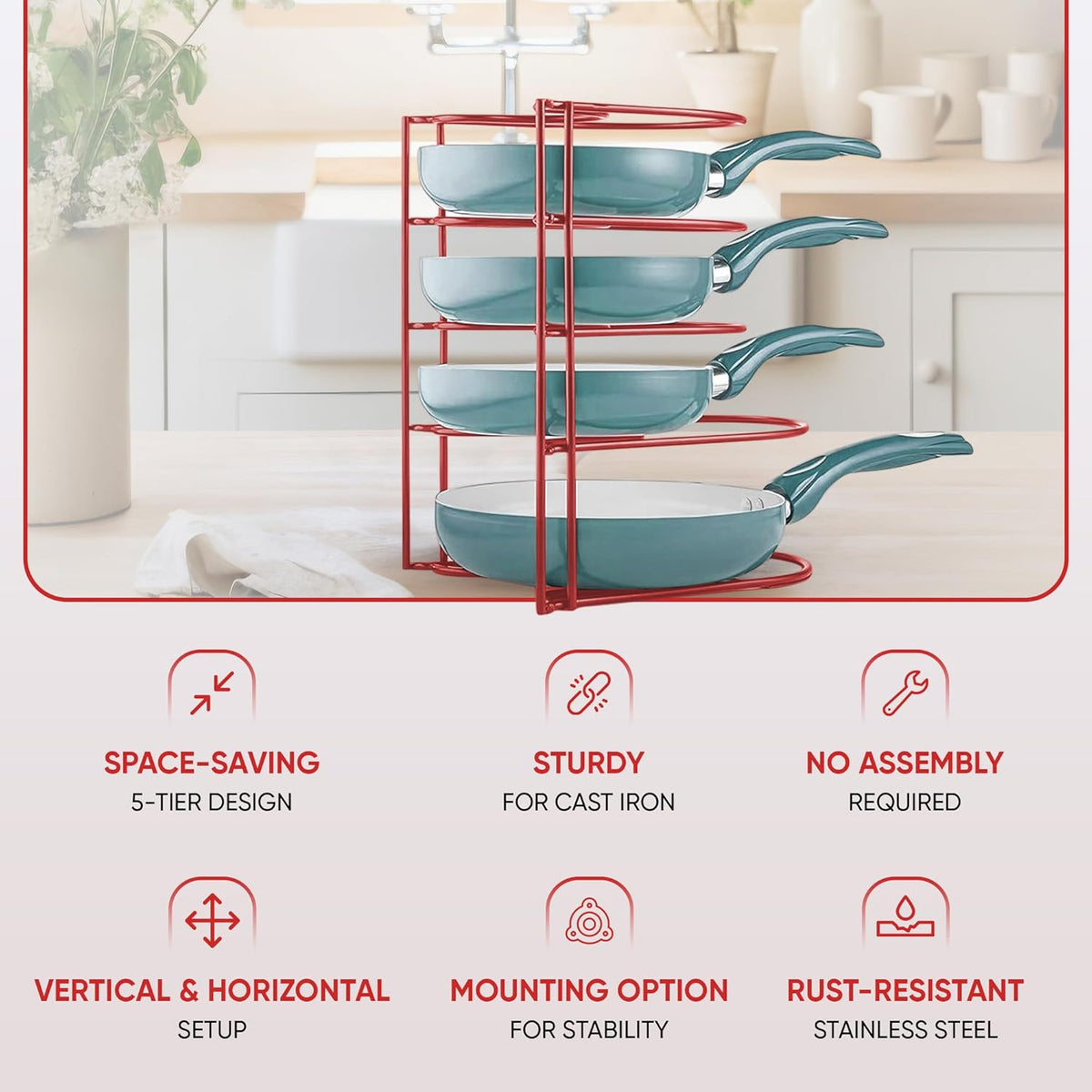 Heavy-Duty Pots and Pans Organizer | 5-Tier Cookware & Lid Storage Rack | Free-Standing or Wall-Mount | Kitchen Organizer for Cast Iron Skillets, Pots, Frying Pans, Lids | Black