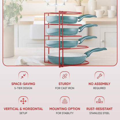 Heavy-Duty Pots and Pans Organizer | 5-Tier Cookware & Lid Storage Rack | Free-Standing or Wall-Mount | Kitchen Organizer for Cast Iron Skillets, Pots, Frying Pans, Lids | Black
