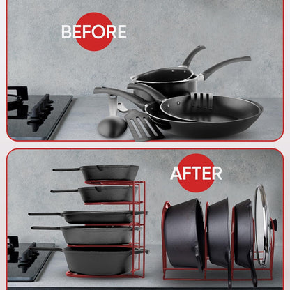 Heavy-Duty Pots and Pans Organizer | 5-Tier Cookware & Lid Storage Rack | Free-Standing or Wall-Mount | Kitchen Organizer for Cast Iron Skillets, Pots, Frying Pans, Lids | Black