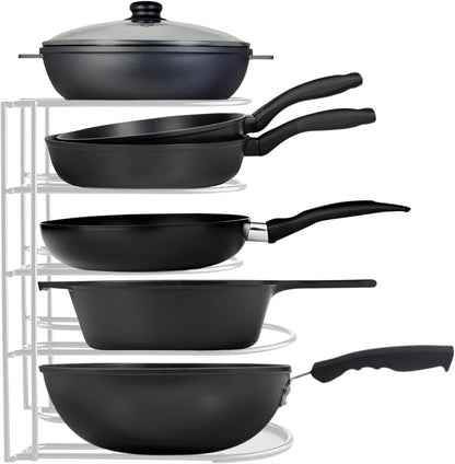 Heavy-Duty Pots and Pans Organizer | 5-Tier Cookware & Lid Storage Rack | Free-Standing or Wall-Mount | Kitchen Organizer for Cast Iron Skillets, Pots, Frying Pans, Lids | Black