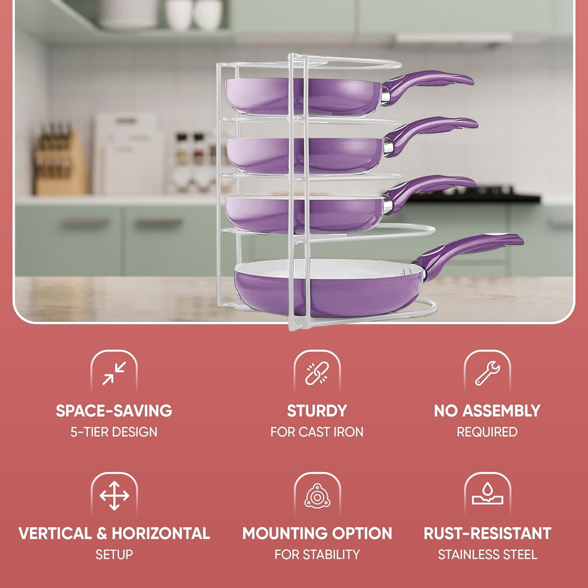 Heavy-Duty Pots and Pans Organizer | 5-Tier Cookware & Lid Storage Rack | Free-Standing or Wall-Mount | Kitchen Organizer for Cast Iron Skillets, Pots, Frying Pans, Lids | Black