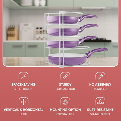 Heavy-Duty Pots and Pans Organizer | 5-Tier Cookware & Lid Storage Rack | Free-Standing or Wall-Mount | Kitchen Organizer for Cast Iron Skillets, Pots, Frying Pans, Lids | Black