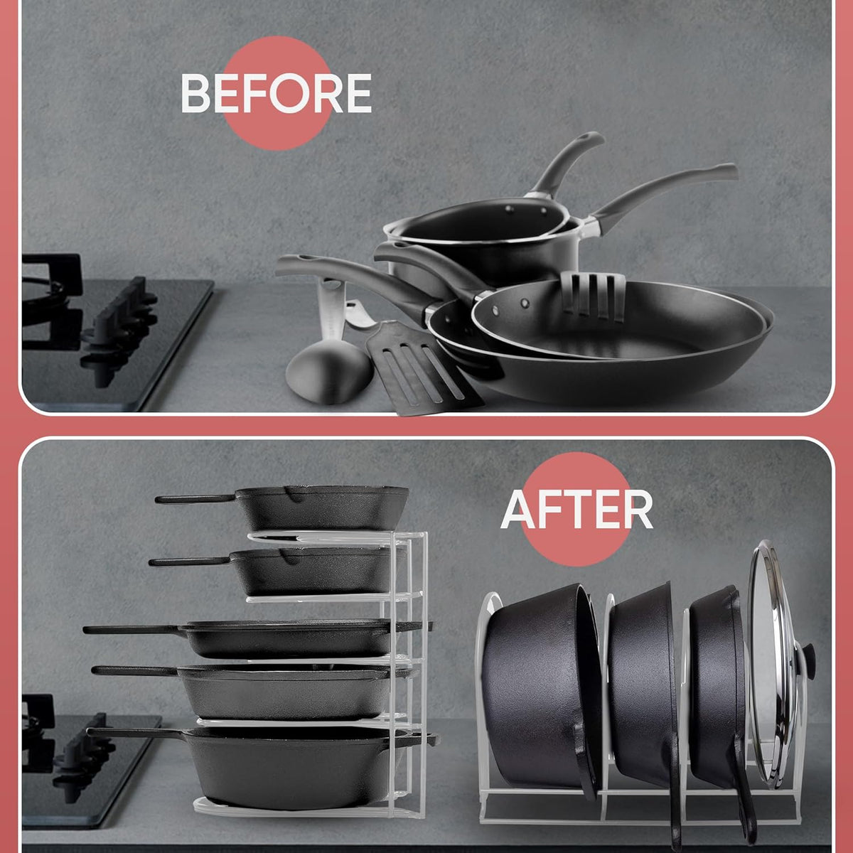 Heavy-Duty Pots and Pans Organizer | 5-Tier Cookware & Lid Storage Rack | Free-Standing or Wall-Mount | Kitchen Organizer for Cast Iron Skillets, Pots, Frying Pans, Lids | Black
