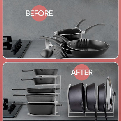Heavy-Duty Pots and Pans Organizer | 5-Tier Cookware & Lid Storage Rack | Free-Standing or Wall-Mount | Kitchen Organizer for Cast Iron Skillets, Pots, Frying Pans, Lids | Black