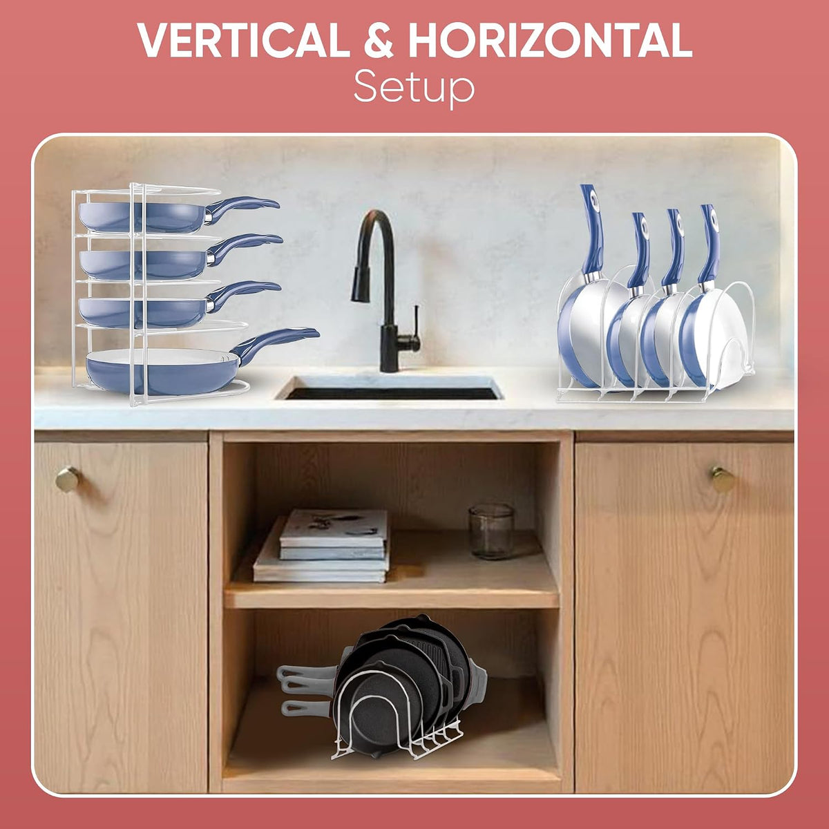 Heavy-Duty Pots and Pans Organizer | 5-Tier Cookware & Lid Storage Rack | Free-Standing or Wall-Mount | Kitchen Organizer for Cast Iron Skillets, Pots, Frying Pans, Lids | Black