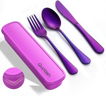 Travel Utensils with Case, Stainless Steel Cutlery Set, Purple