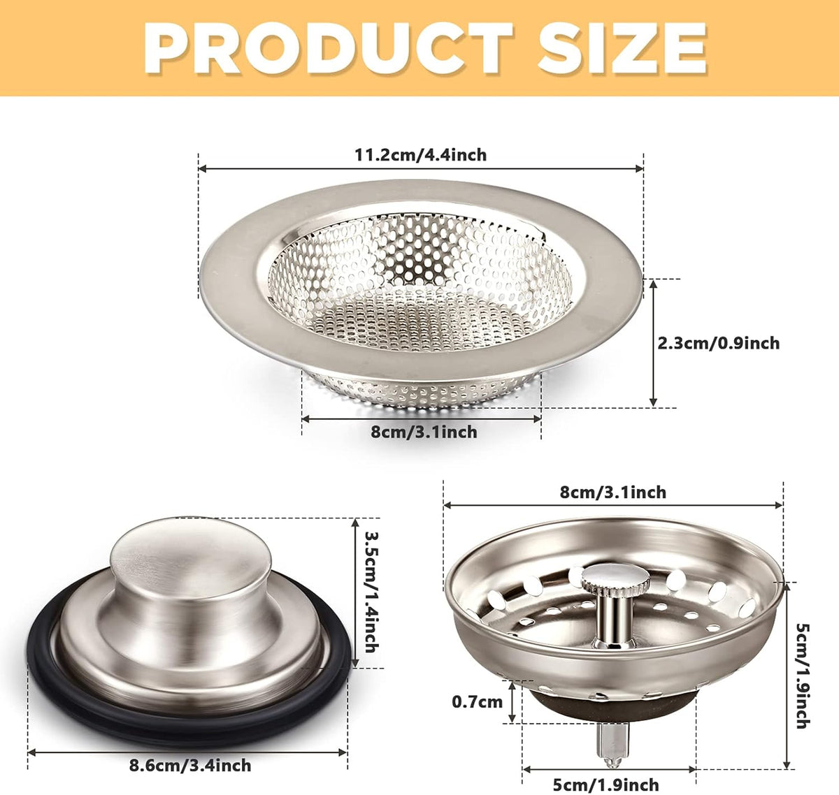 3 Pcs Sink Plug Stopper Disposal Drain Strainer,Silver