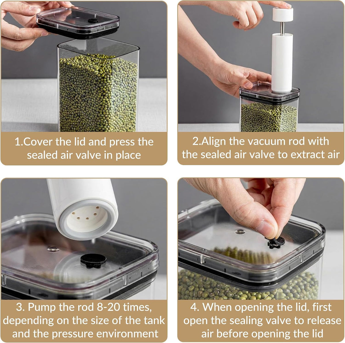 6Pcs Vacuum Seal Jars with Lids, Black, 2x1900ML + 2x1100ML + 2x700ML, 1 Manual Vacuum Pump, AS & Silicone Material, Airtight Food Storage Containers for Kitchen Pantry