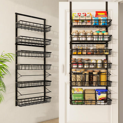 Over The Door Pantry Organizer, Pantry Storage and Organization | 6-Tier Adjustable Hanging Baskets, Metal Wall Mount Spice Rack Seasoning Shelves for Home & Kitchen, Laundry Bathroom - Black