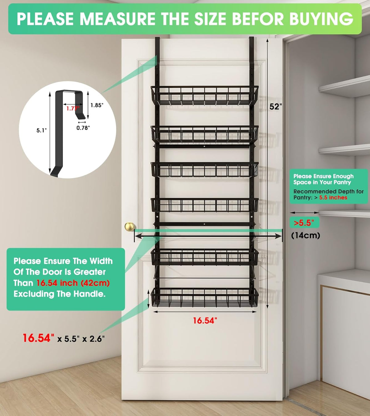 Over The Door Pantry Organizer, Pantry Storage and Organization | 6-Tier Adjustable Hanging Baskets, Metal Wall Mount Spice Rack Seasoning Shelves for Home & Kitchen, Laundry Bathroom - Black