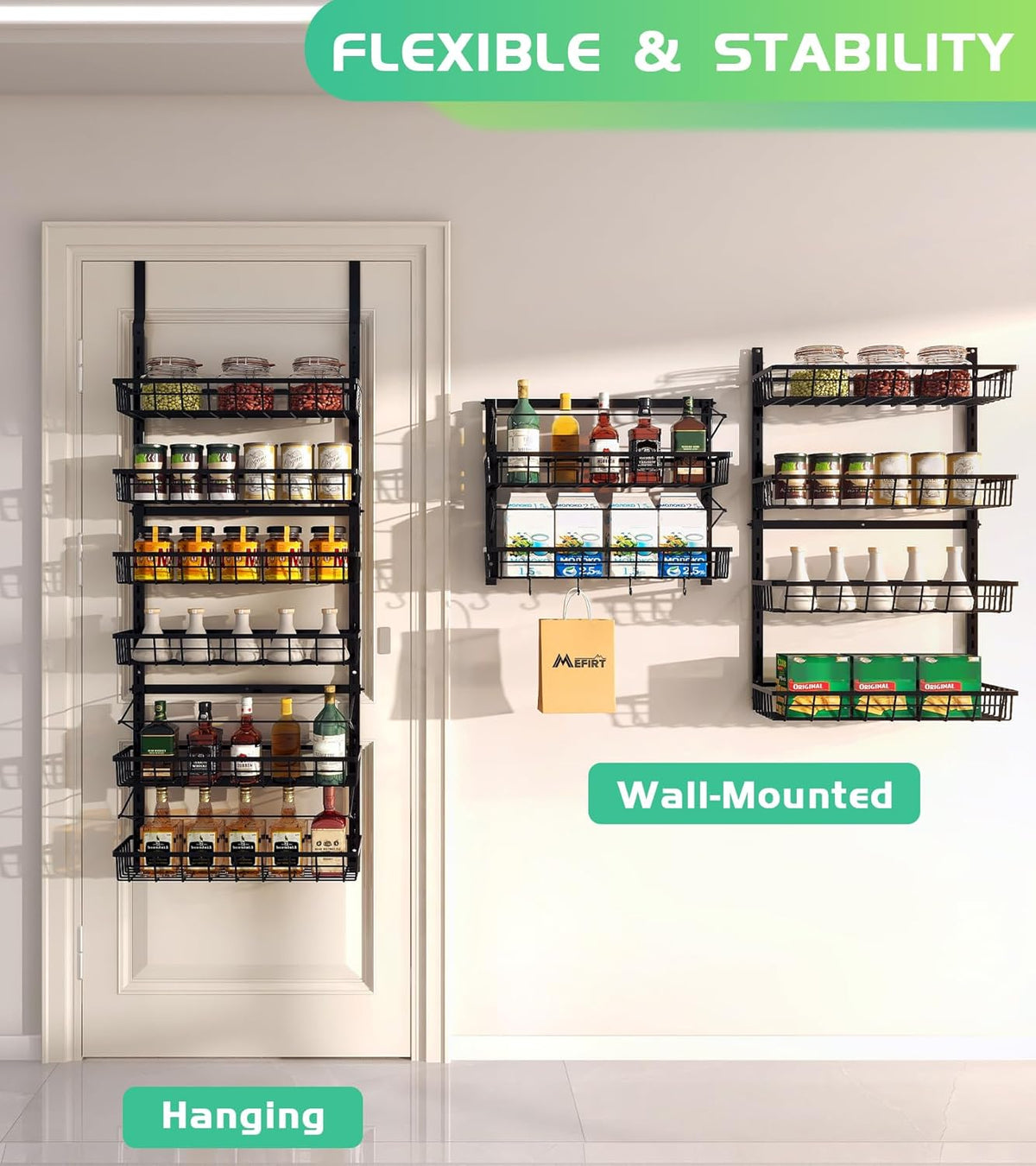 Over The Door Pantry Organizer, Pantry Storage and Organization | 6-Tier Adjustable Hanging Baskets, Metal Wall Mount Spice Rack Seasoning Shelves for Home & Kitchen, Laundry Bathroom - Black